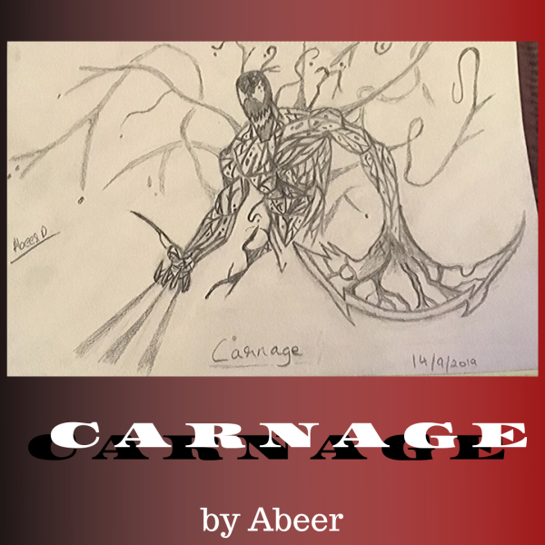 Carnage, a free hand drawing of a character by Marvel. Drawn by 10 year old brat Abeer D.
